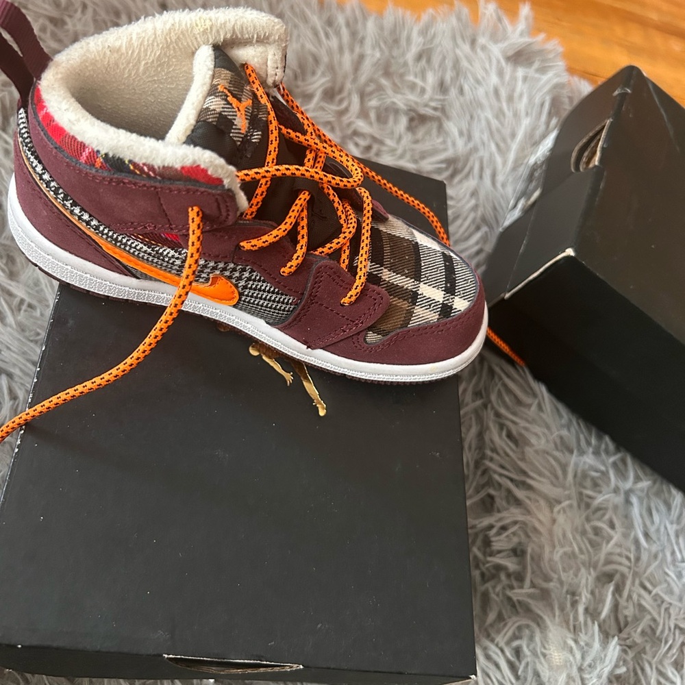 Nike Kids Plaid High-Top Sneakers - Burgundy and Orange
